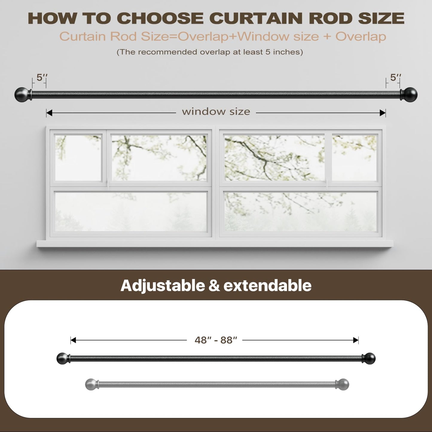 2 Pack Curtain Rod 48 to 84 inch, Adjustable 5/8 Diameter Decorative Drapery Rod Set of 2, Heavy Duty Metal Standard Curtain Rod for Bedroom, Living Room