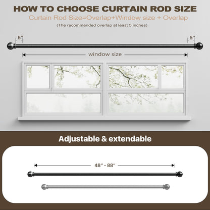2 Pack Curtain Rod 48 to 84 inch, Adjustable 5/8 Diameter Decorative Drapery Rod Set of 2, Heavy Duty Metal Standard Curtain Rod for Bedroom, Living Room