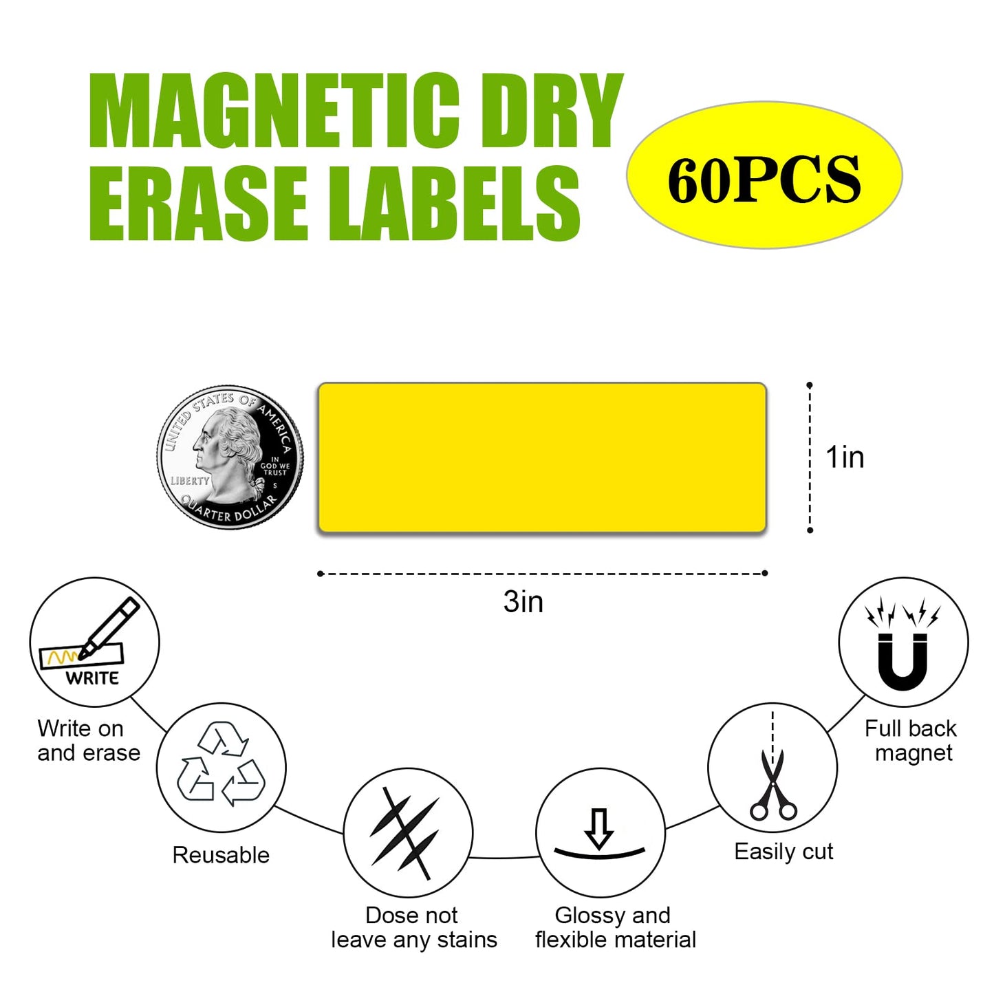 STTMGN Dry Erase Magnetic Labels (1x3,Pack of 60),Write On Magnets Sticker,Real Waterproof/Reusable for Classroom&Office&Cabinet&whiteboard&Fridge&More (White)