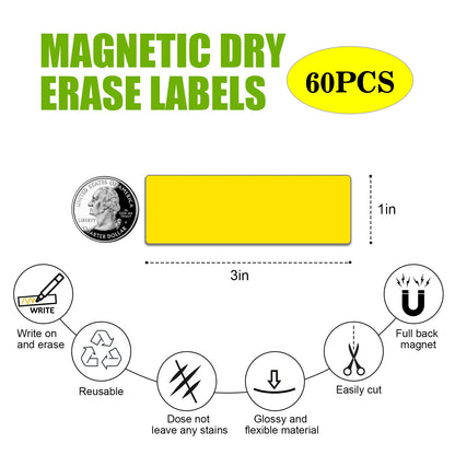 STTMGN Dry Erase Magnetic Labels (1x3,Pack of 60),Write On Magnets Sticker,Real Waterproof/Reusable for Classroom&Office&Cabinet&whiteboard&Fridge&More (White)