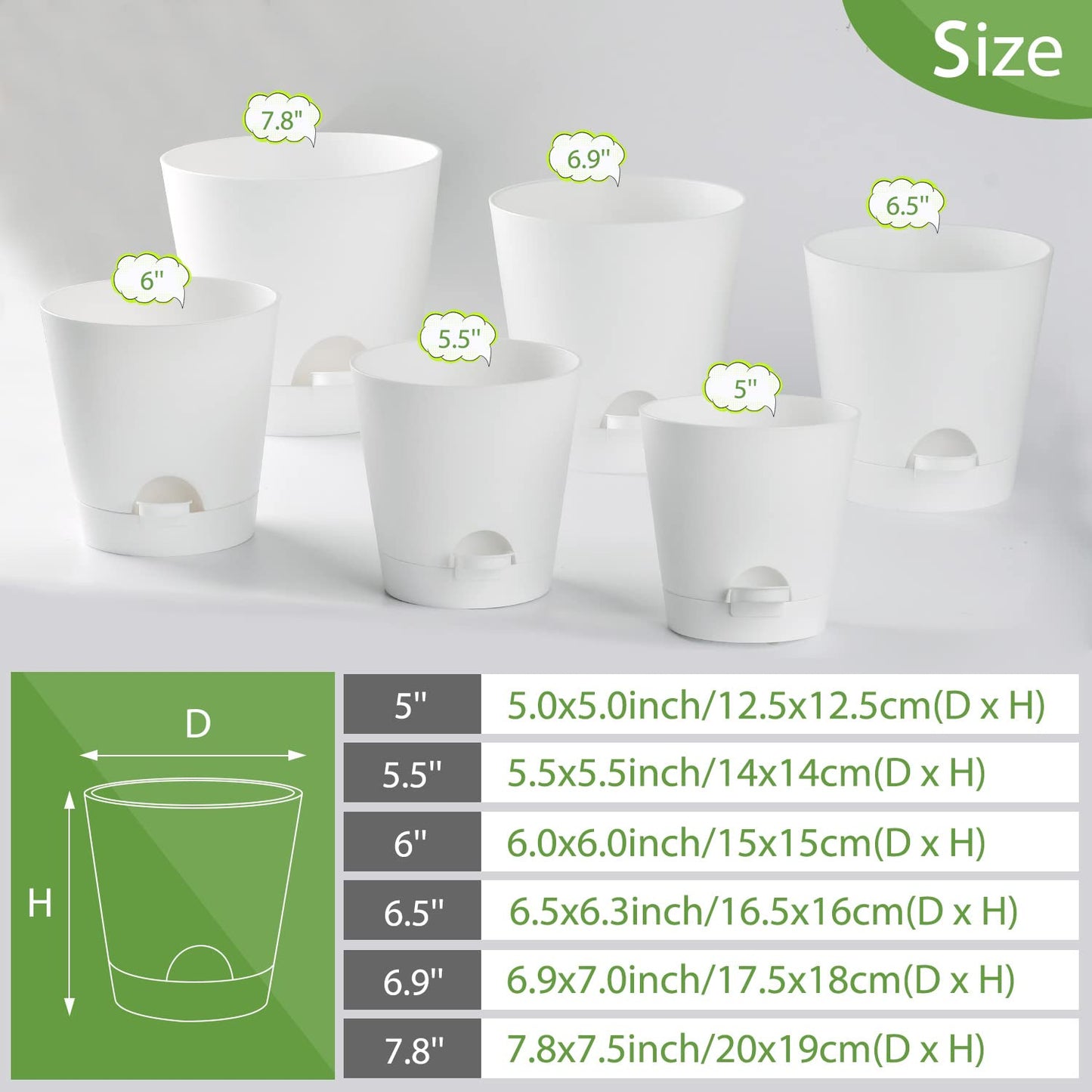 Self Watering Planters, 6 Pcs 8''+7"+6.5"+6"+5.5"+5" Plastic Flower Pots with Detachable Reservoir and Drainage Holes, Modern White Planter for Decorative Indoor Outdoor Plants (White)