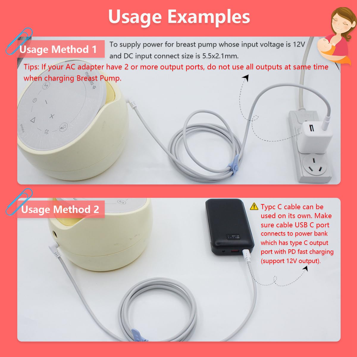 Wamlet USB C Charger for Medela Sonata, Pump-in-Style, Spectra S1 S2, Ameda, Lactina Hygeia - 6.6ft AC Charger Cable