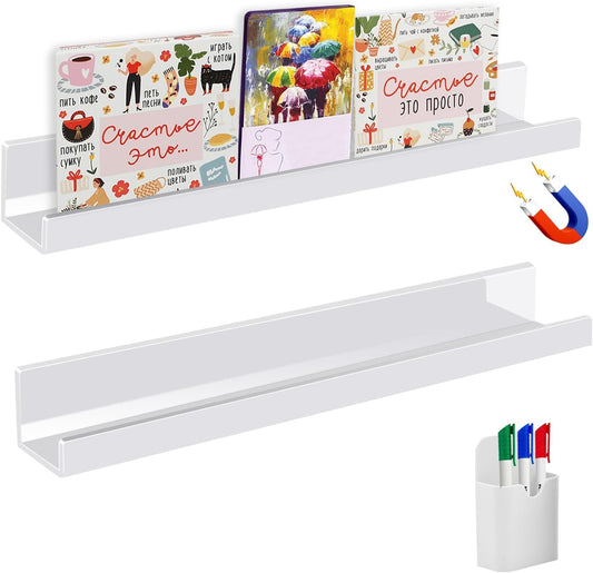 Walquicks Magnetic Book Shelf, 2 Pcs Acrylic Magnetic Book Shelves for Whiteboard Classroom with Pen Organizer, Display Shelf File Rack for Classroom Refrigerator Office Black/White