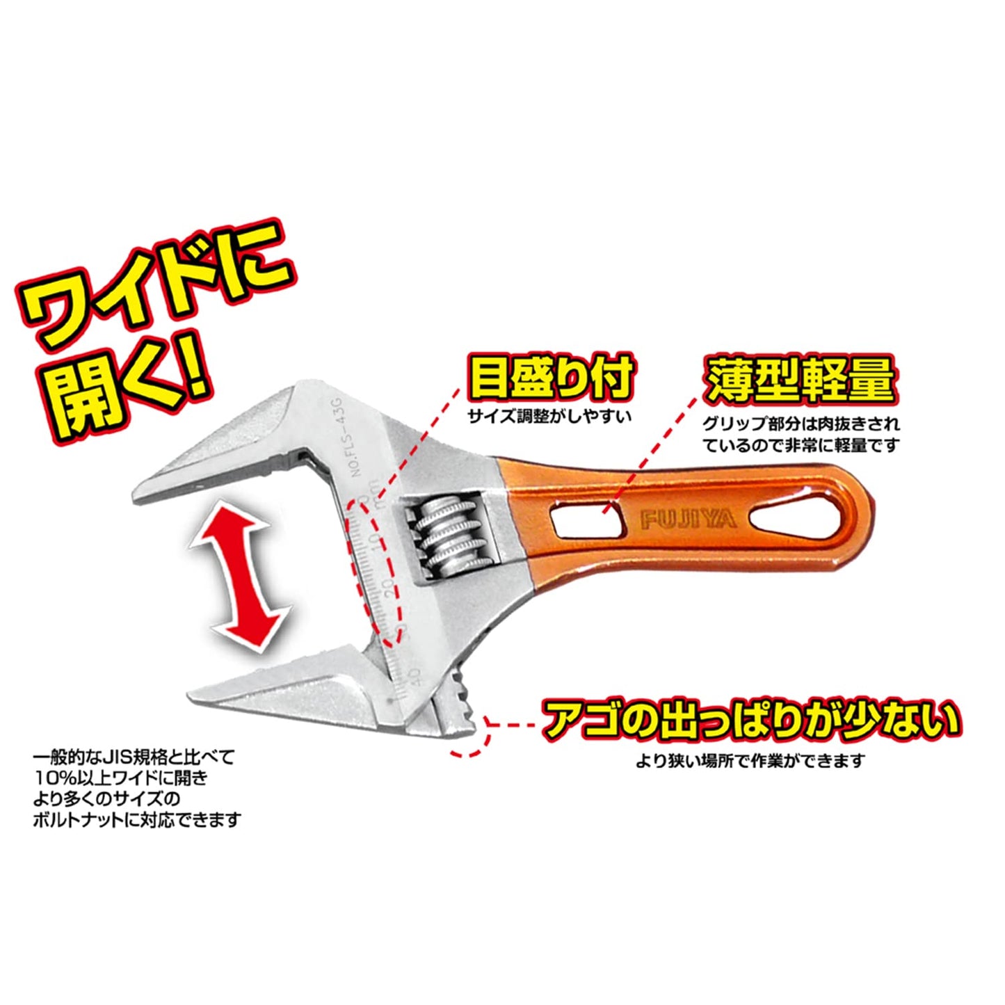 FUJIYA Tools, FLS-43G-F, Short Adjustable Wrench with Grip