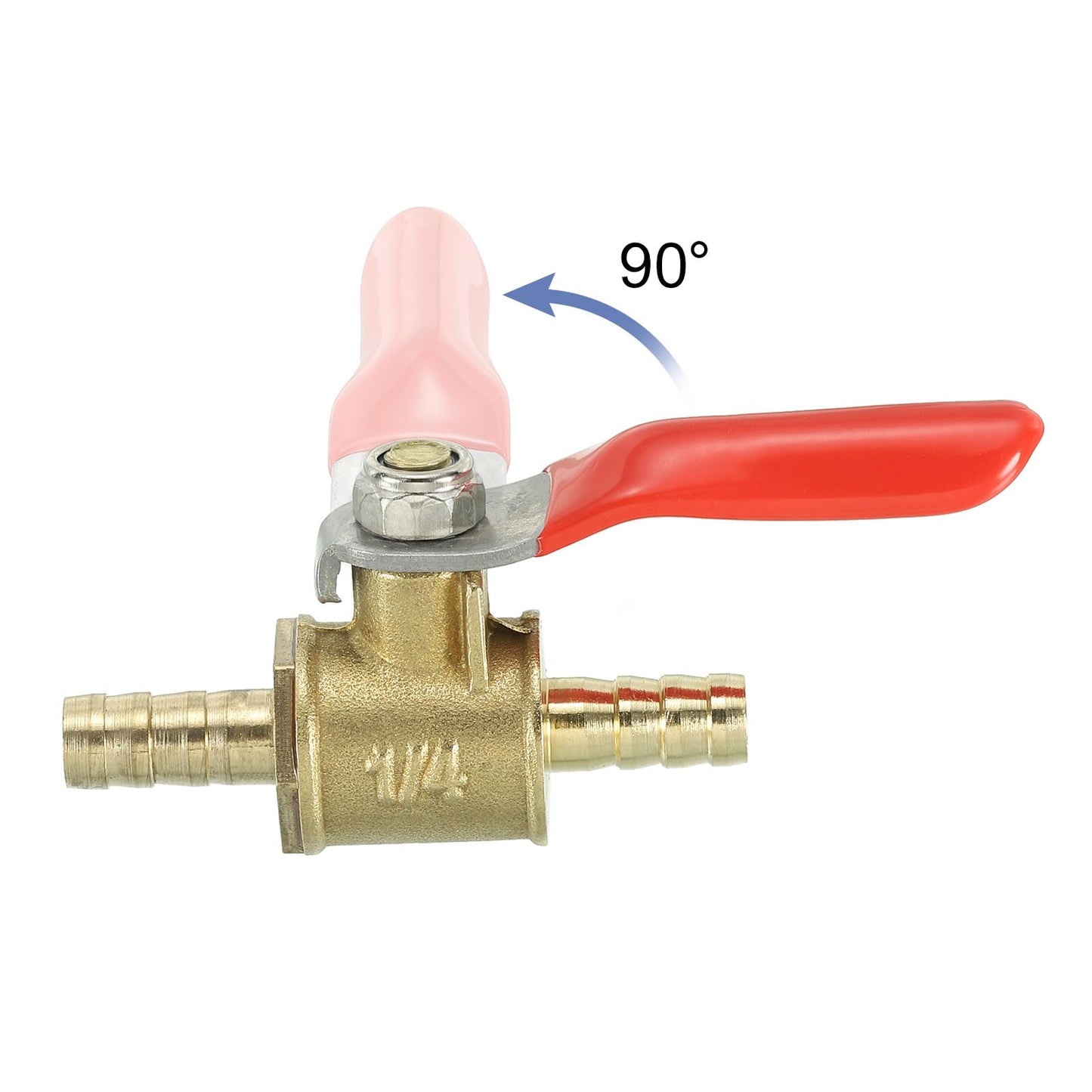 uxcell 1/4" Mini Ball Valve, Brass Shut-Off Valve Switch Hose Barb Pipe Tube Fittings 90 Degree Red Operation Handle, Brass Valve, 5 Pcs