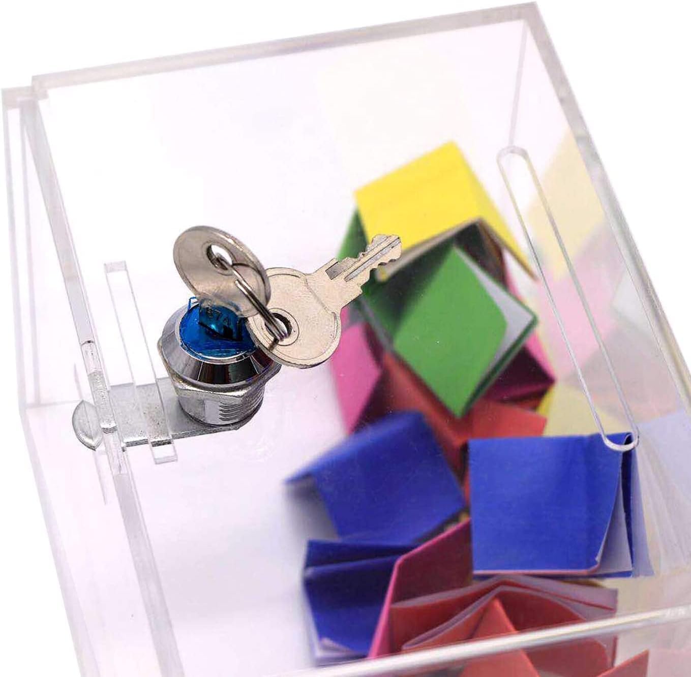 Xugoox Acrylic Donation Box with Lock, Ballot Box with Sign Holder, Secure Suggestion Box Storage Container Ticket Box Vote Box Drawing Box for Business Cards, Fundraising 4.72" x 6.25" x 4.01"