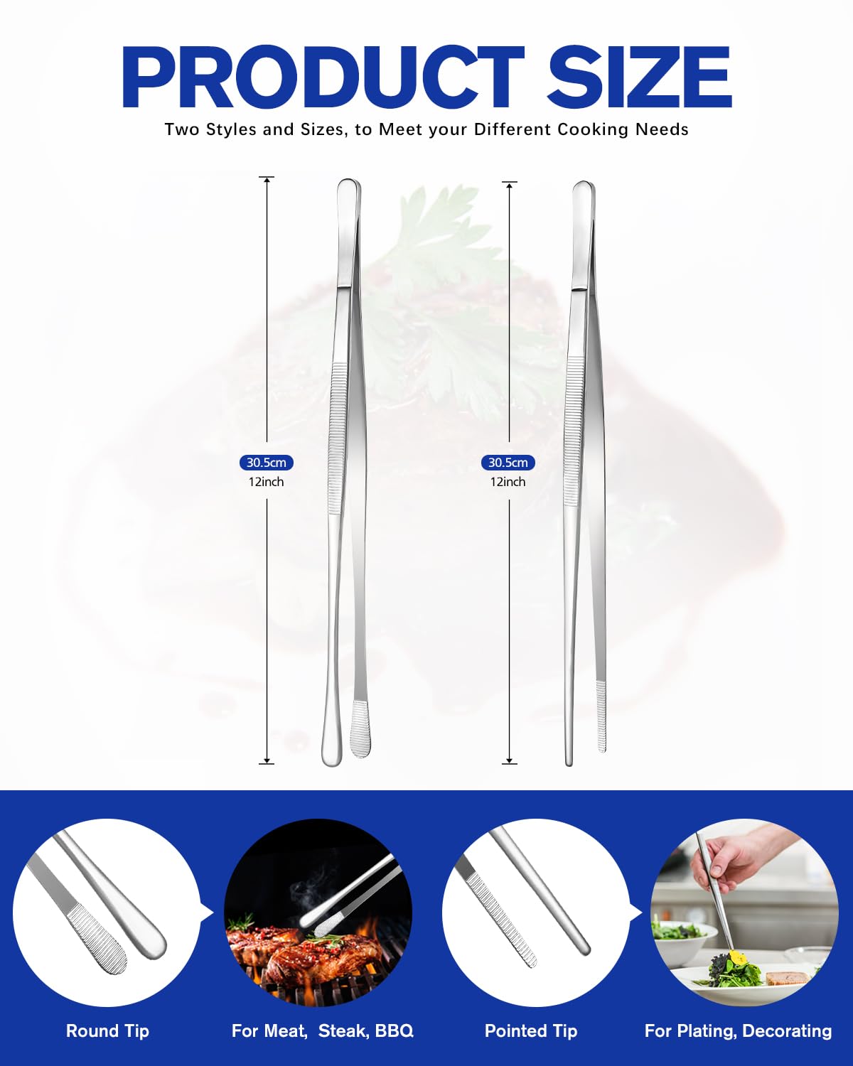 2 Pcs 12-Inch Kitchen Tweezers Fine Tweezer Tongs, Stainless Steel Professional Long Cooking Tweezers for BBQ, Sea Food, Repairing and Serving (Silver)