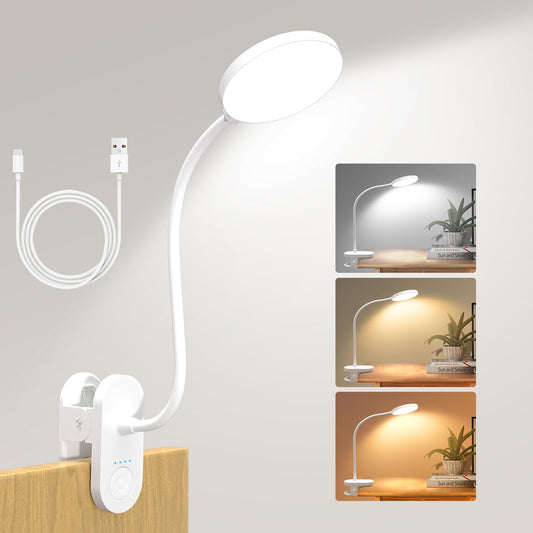 ZAPLIT 97 LED Rechargeable Reading Lamp, 3 Color Modes & 10 Brightness Levels, 2000mAh Clamp Lamp with USB-C, 15.8'' Flexible Gooseneck, Cordless Book Lamp Clamp Light for Bed, Table, Desk - White