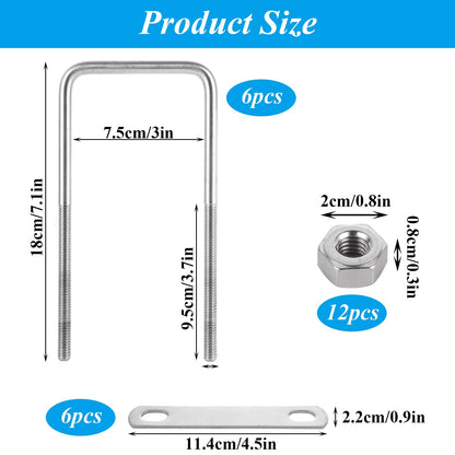 MUXHEL 6 Pcs Square U Bolt (3/8'' x 3'' x 7''), 304 Stainless Steel U-Bolts for Automobiles Trailer, Ski Boat, Sailboat, Trailer, Industrial Parts