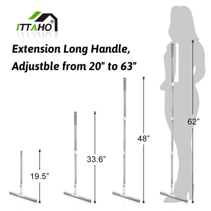 ITTAHO Floor Squeegee, 12" Rubber Blade, 62" Stainless Steel Handle, Adjustable, Grey, For Tile Shower Walls, Garage, Deck, Bathroom, Glass, Window, Concrete Floor
