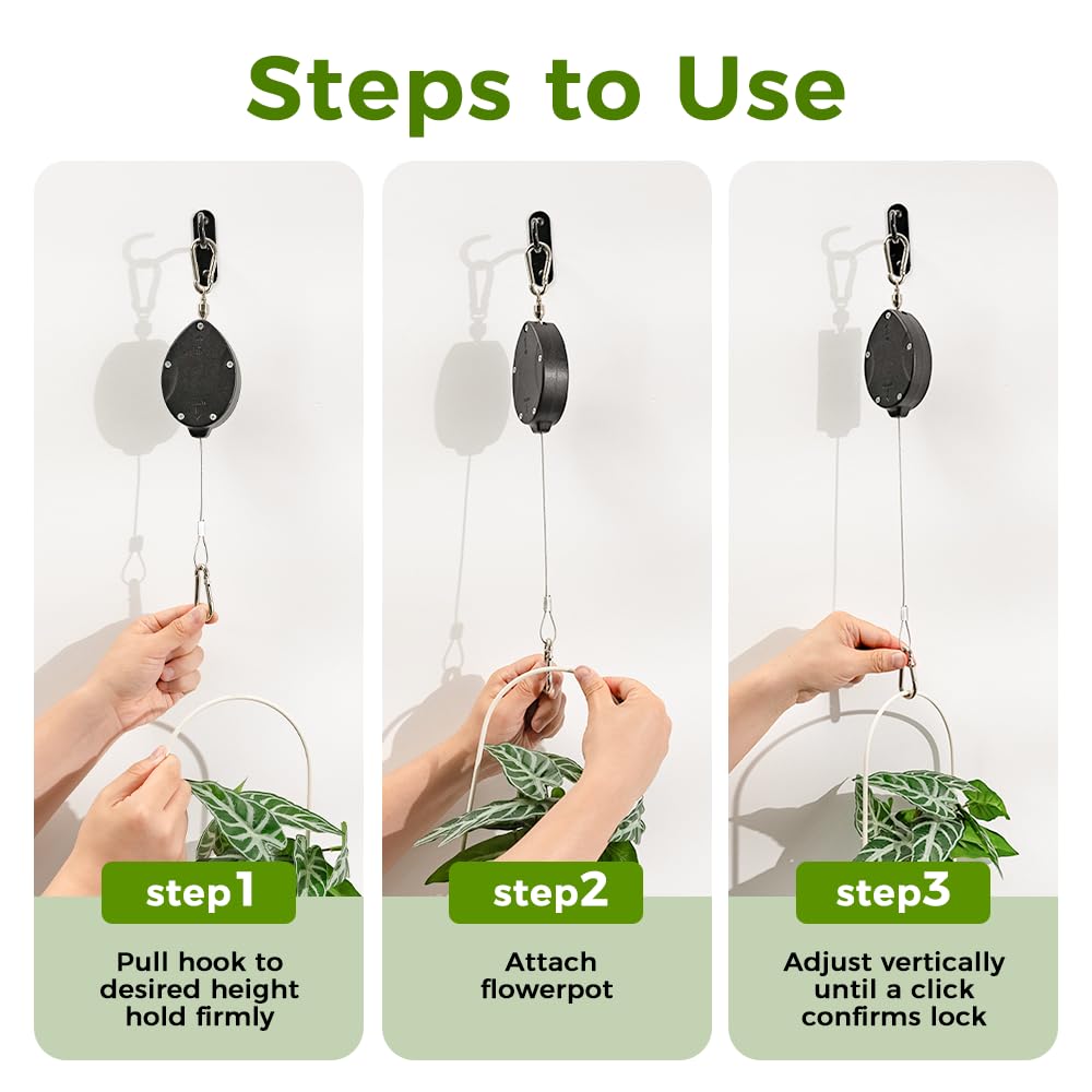 Bamworld 3 Pack Upgraded Retractable Plant Hanger for Indoor Plants, Heavy Duty Auto-Lock Pulley System to Easily Raise and Lower Hanging Planters, Bird Feeders & Garden Baskets