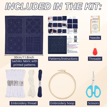 FREEBLOSS 4 Set Sashiko Coasters DIY Kit with Instructions Pre- Printed Sashiko Kit for Beginners Sashiko Practice Project Traditional Embroidery Kit Sashiko Printed Cloth Coaster for Housewarming