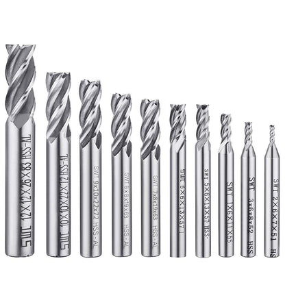 10 PCS 0.08" - 0.47" End Mills, AFUNTA 4-Flute HSS CNC Straight Shank Drill Bit Set Cutter Tool Set for Wood Aluminum Steel Titanium