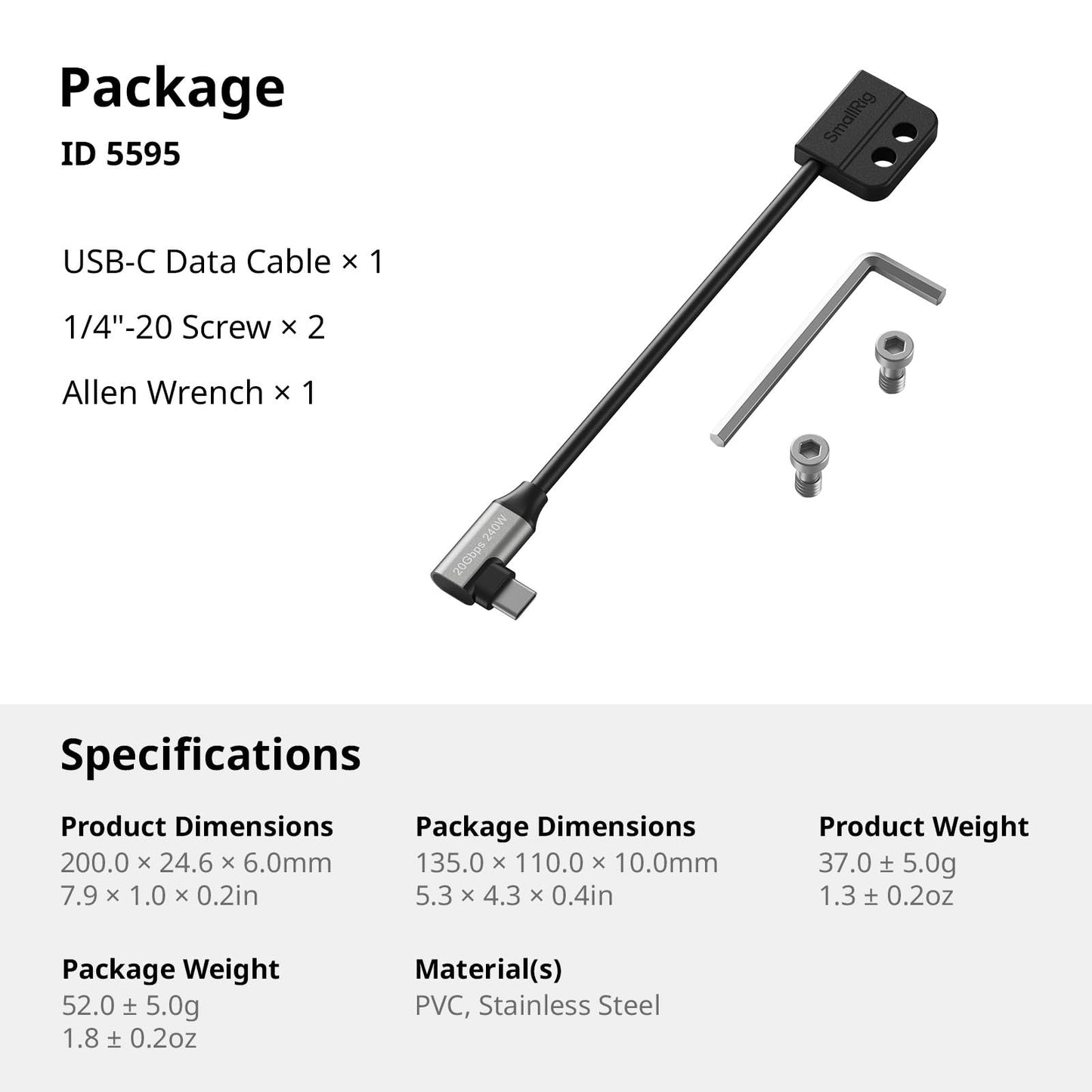 SmallRig USB-C Cable Male to Female [20Gbps, 240W], with 1/4''-20 Screws for Camera Cage, L-Shape Mount Plate, USB 3.2 Gen 2x2 Fast Data Transfer & Power Delivery Cable - 5595