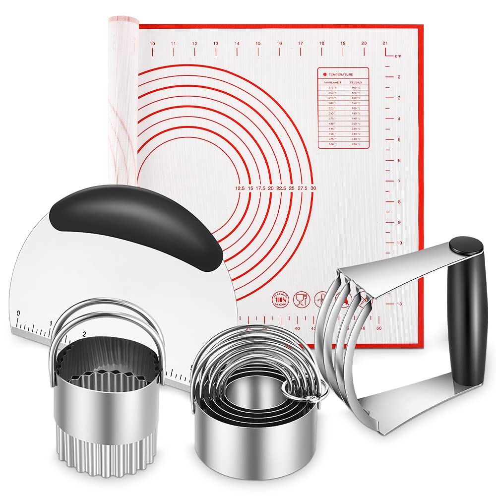 Silicone Baking Mats, Cookie Cutters, Pastry Cutter, Dough Scraper, Stainless Steel Dough Blender & Biscuit Cutter Set, Dough Cutter Baking Pastry Mat Dough Blender Tools (5 Pcs/Set)