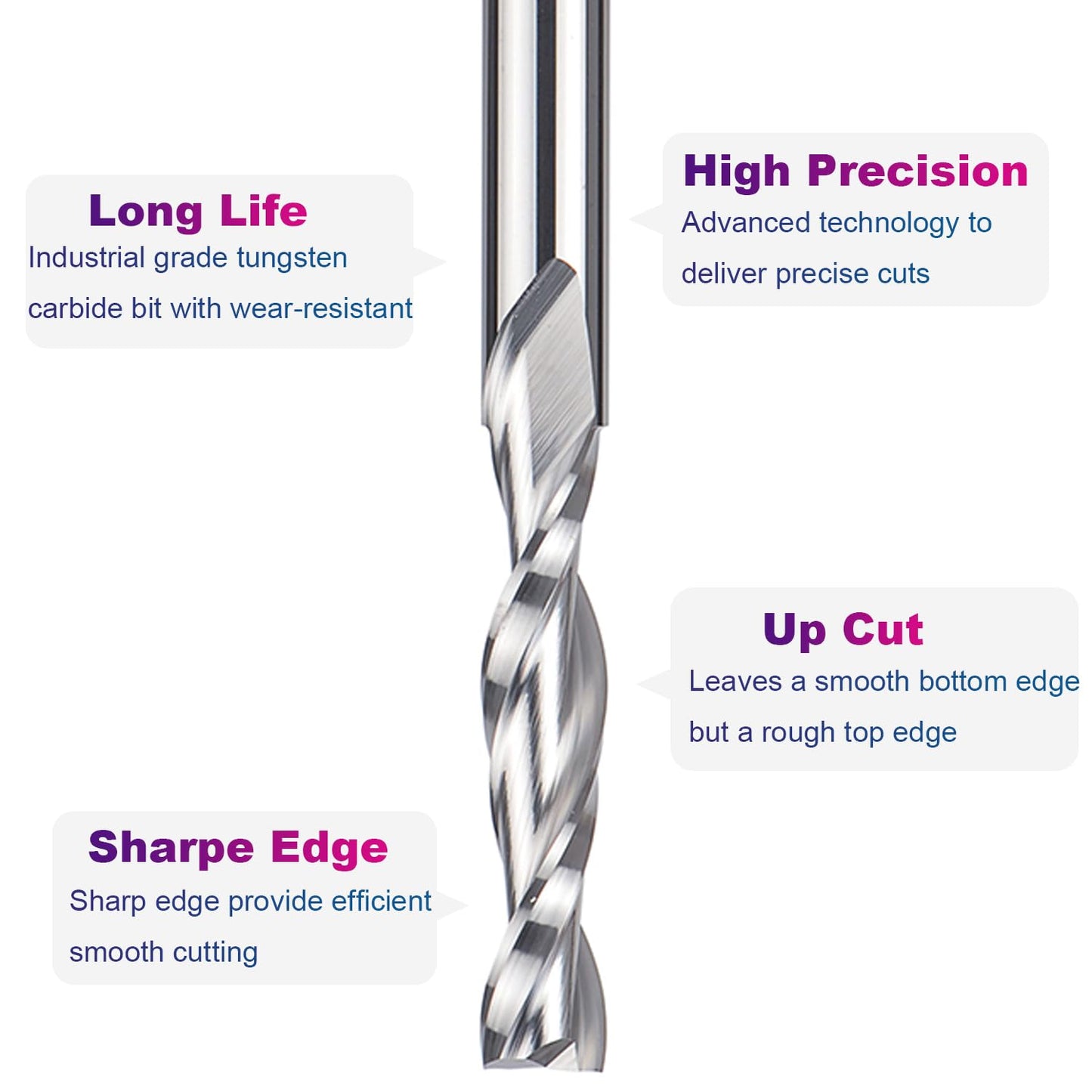 SpeTool Spiral Router Bits with UpCut 1/4 inch Cutting Diameter, 1/4 inch Shank 3 inch Extra Long HRC55 Solid Carbide CNC End Mill for Wood Cut, Carving
