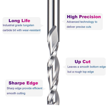 SpeTool Spiral Router Bits with UpCut 1/4 inch Cutting Diameter, 1/4 inch Shank 3 inch Extra Long HRC55 Solid Carbide CNC End Mill for Wood Cut, Carving