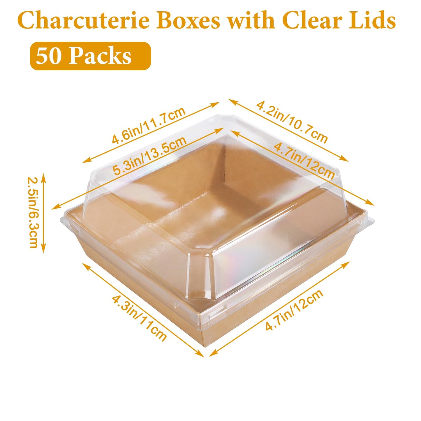 50PCS Charcuterie Boxes with Clear Lids, 5 Inch Brown Kraft Paper Dessert Boxes Disposable Square Food Containers, Snackle Box Sandwich Boxes for Strawberries, Slice Cake,Hot Cocoa Bombs