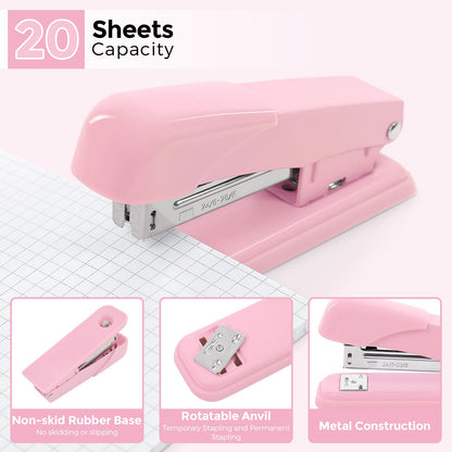 SKYDUE Pink Desk Accessories 10Pcs, 360-Degree Rotating Pen Holder, Stapler, Staple Remover, Tape Dispenser,2pcs Tape Refills, Binder Paper Clips Kit, Scissor,Pink Office Supplies
