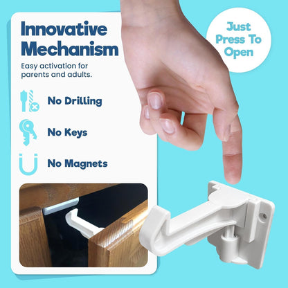 Upgraded Invisible Baby Proofing Cabinet Latch Locks (10 Pack) - No Drilling or Tools Required for Installation, Works with Most Cabinets and Drawers, Works with Countertop Overhangs, Highly Secure (White.5)