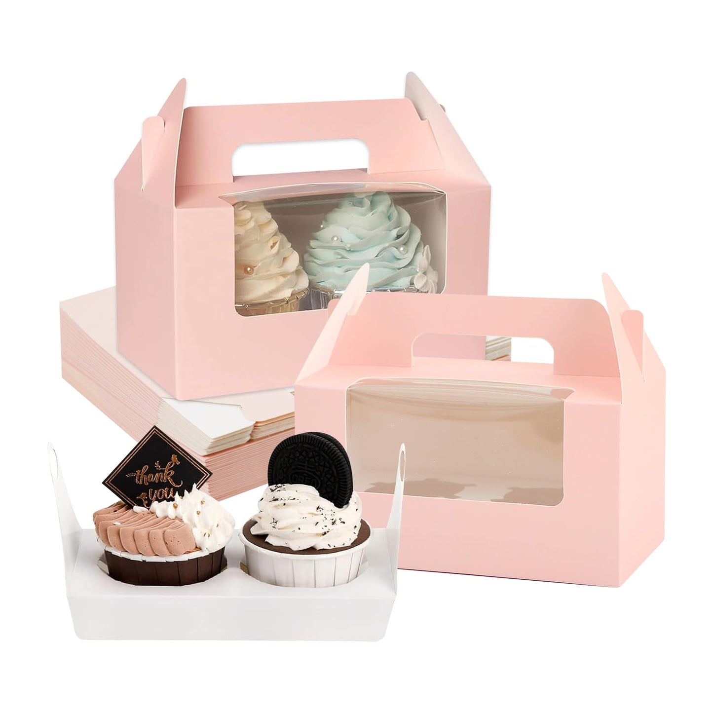 YQWIN 50 Pcs Cupcake Boxes with 2 Cavity Cookie Gift Boxes with Clear Window 2 Treat Holder Pastry Bakery Box Cupcake Containers Bakery Cake Box Cupcake Carrier for Birthday Party Bakery Supplies Pink
