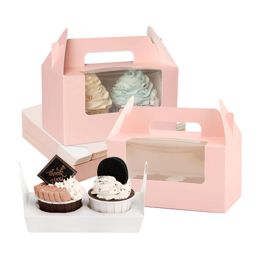 YQWIN 50 Pcs Cupcake Boxes with 2 Cavity Cookie Gift Boxes with Clear Window 2 Treat Holder Pastry Bakery Box Cupcake Containers Bakery Cake Box Cupcake Carrier for Birthday Party Bakery Supplies Pink