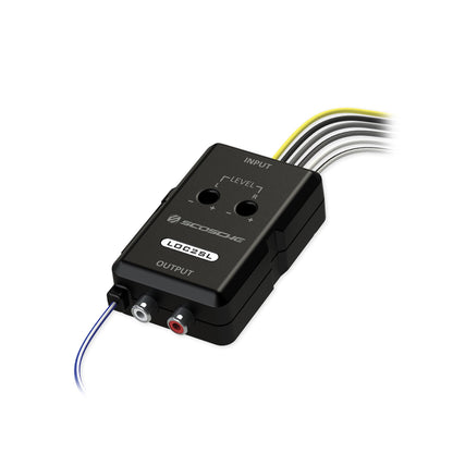 Scosche LOC2SL Line Output Converter Adjustable Amplifier Add On Module for Car Stereo, 2-Channel Signal Sensing Speaker Wire to RCA Adapter with Remote Control Knob, Black