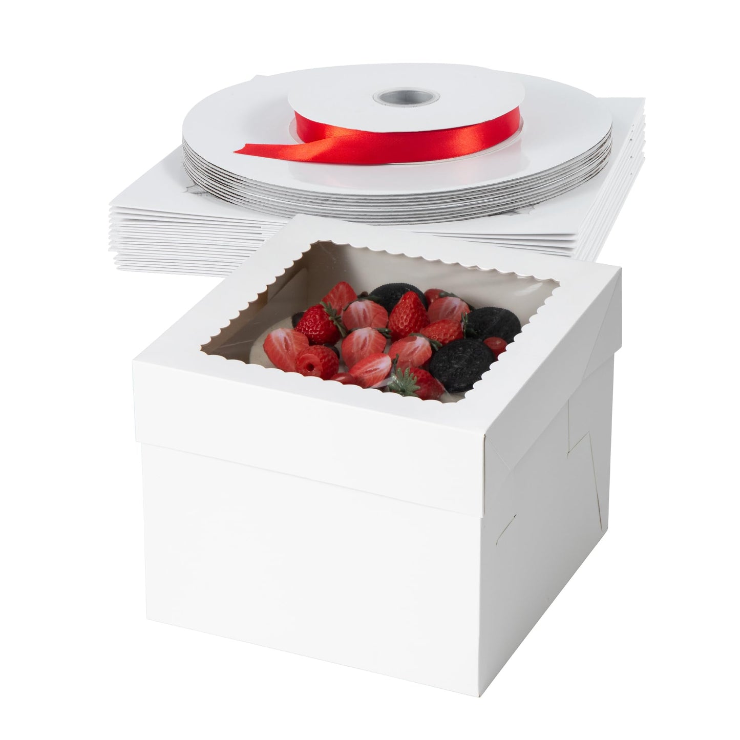 T-Language Cake Boxes and Boards Set (10 boxes & 10 boards) - 10x10x8 Inches White Bakery Boxes with Stickers, Red Ribbons for Multi-Layer Cakes and Cake Decorating