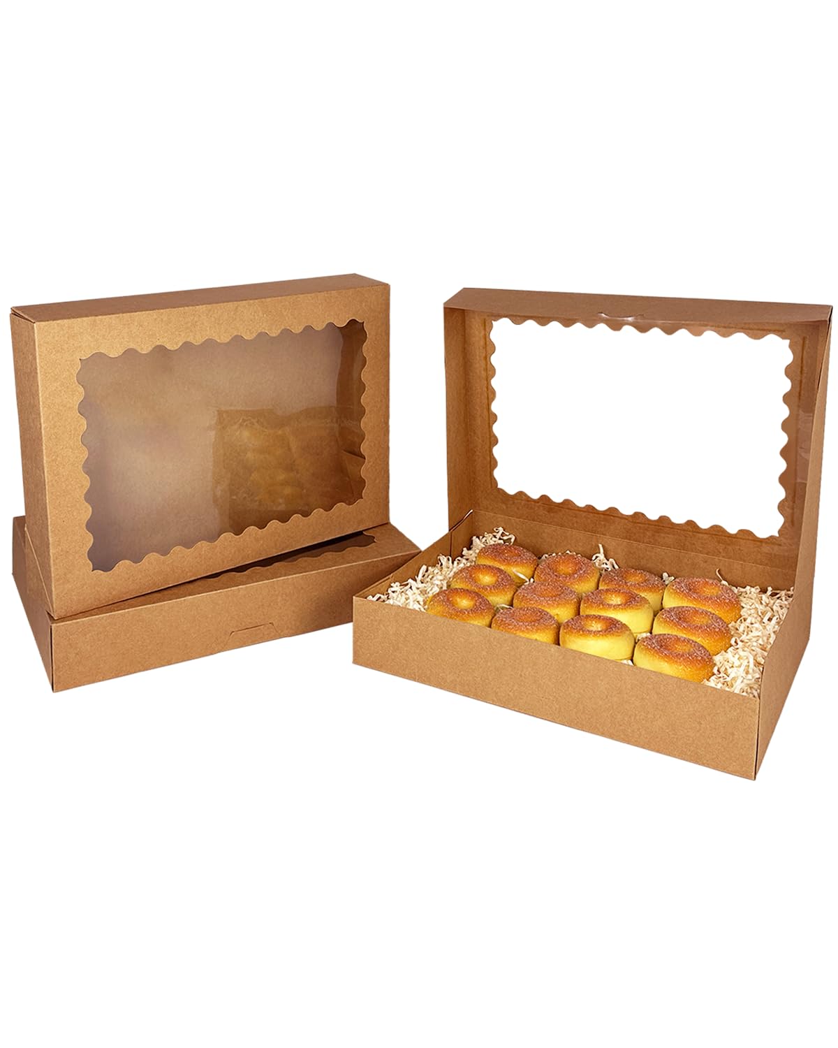 qiqee Brown 14x10x2.5 Inch Cookie Box with Window 12Pcs Bakery Pastry Macaron Bakery Box For Packaging (Auto-pop Up)