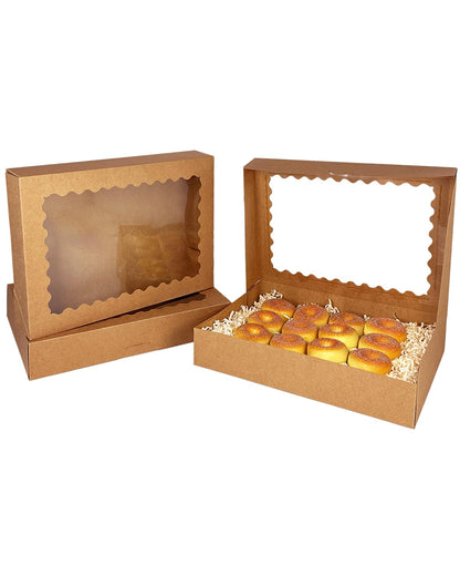 qiqee Brown 14x10x2.5 Inch Cookie Box with Window 12Pcs Bakery Pastry Macaron Bakery Box For Packaging (Auto-pop Up)
