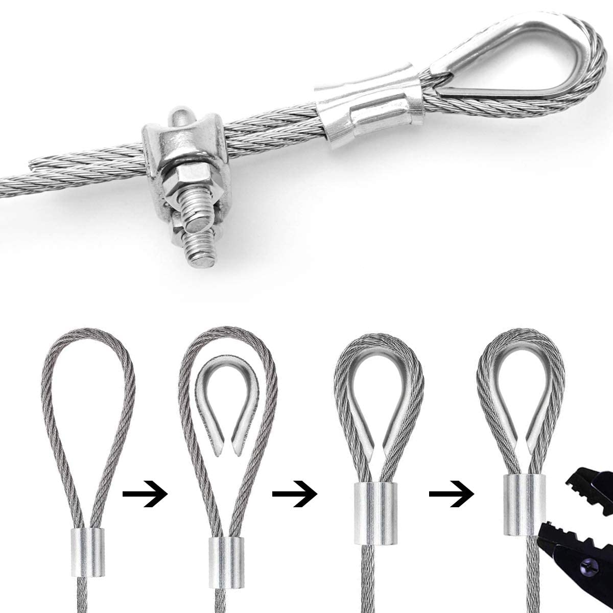 TooTaci 1/8 Wire Rope Kit, 50ft T316 Stainless Steel Cable,1/8 Aircraft Cable with 8pcs Wire Rope Clips and Steel Thimbles, 16pcs Crimping Loops, for Shade Sails, Clothesline, Deck Railing