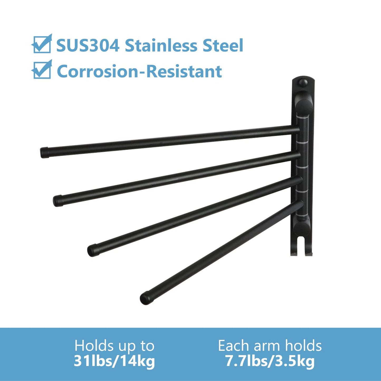 Black Towel Rack JSVER Swivel Towel Rack Wall Mounted, SUS304 Stainless Steel Towel Bar, Space Saving Towel Holder, Towel Racks for Bathroom