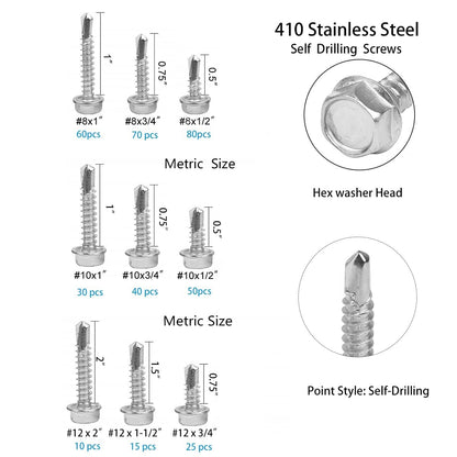 410 Stainless Steel Self Tapping TEK Screws Assortment,#8#10#12 Hex Head Self Drilling Screws for Metal
