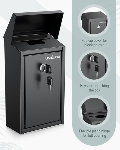 Uniclife Key Drop Box for Outside, Metal Donation Box Collection Boxes with Key Lock, Safe Suggestion Boxes, Wall Mounted Mailbox with Top Slot, Steel Cash Drop Boxes for Home Office and Business