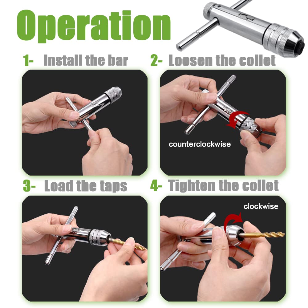 Bestgle 2 Pcs Ratcheting T-Handle Tap Holder Wrench Adjustable Ratchet Wrench Set for M3-M8 / M5-M12 Metric Screw Taps