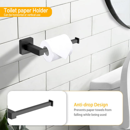 4Pcs Bathroom Hardware Set SUS304 Stainless Steel Wall Mount, Include 24" Bath Towel Bar, Hand Towel Ring, Robe Towel Hook, Toilet Paper Holder, Square Bathroom Accessories Rack Set, Matte Black