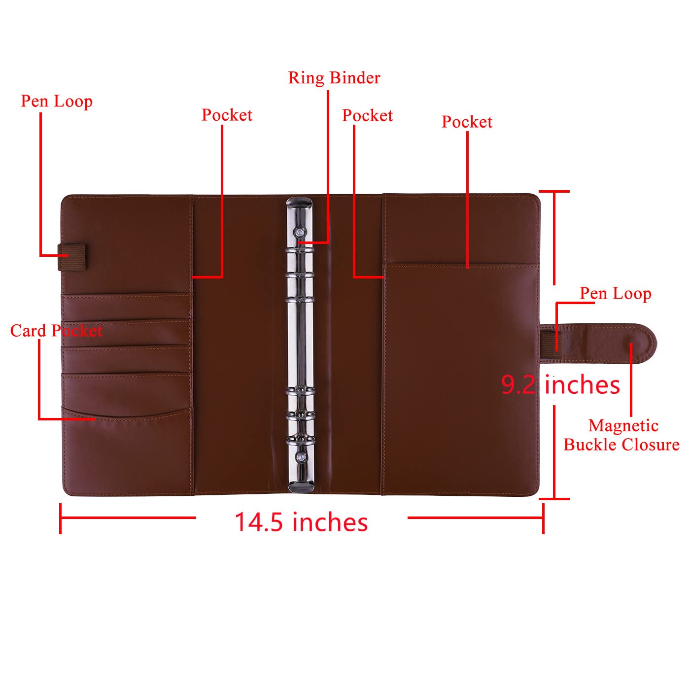 Antner A5 Binder 6 Ring Refillable Notebook Planner Cover for A5 Refill Paper, PU Leather Small Binder Budget Planner Photocard Holder Loose Leaf Personal Organizer with Magnetic Buckle, Brown
