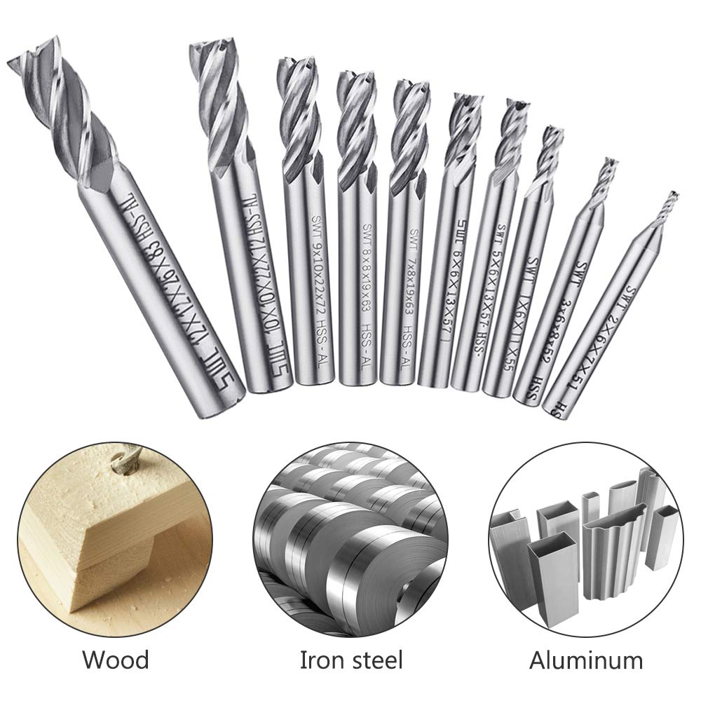 10 PCS 0.08" - 0.47" End Mills, AFUNTA 4-Flute HSS CNC Straight Shank Drill Bit Set Cutter Tool Set for Wood Aluminum Steel Titanium
