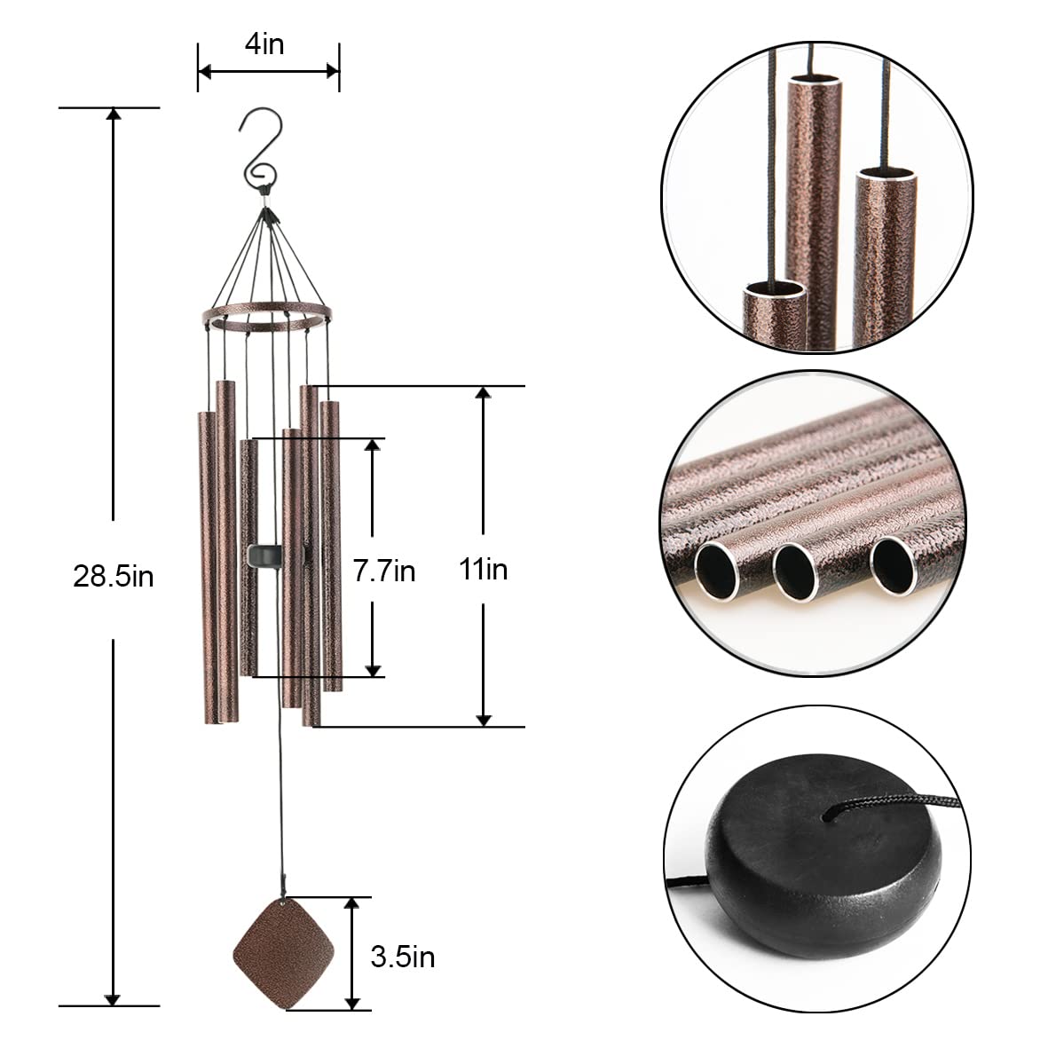 BLESSEDLAND Premium Wind Chimes-6 Hollow Aluminum Tubes 28" Wind Chime for Garden,Yard,Patio and Home Decoration (Copper Vein)