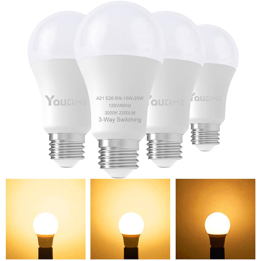 Youtime 3 Way Light Bulbs 50 100 150 Watt Equivalent Soft White A21, Incandescent Replacement,6/15/20w Energy Saving Safety Three Way Light Bulbs, 500 1600 2200 Lumens, E26 Medium Base, 4Pack