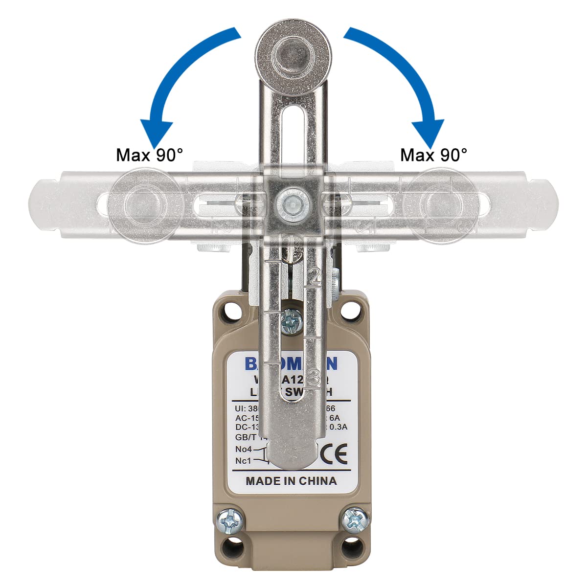 Baomain WLCA12-2-Q Limit Switch Momentary Switch, Adjustable Rotary Roller Lever, IP66 Waterproof