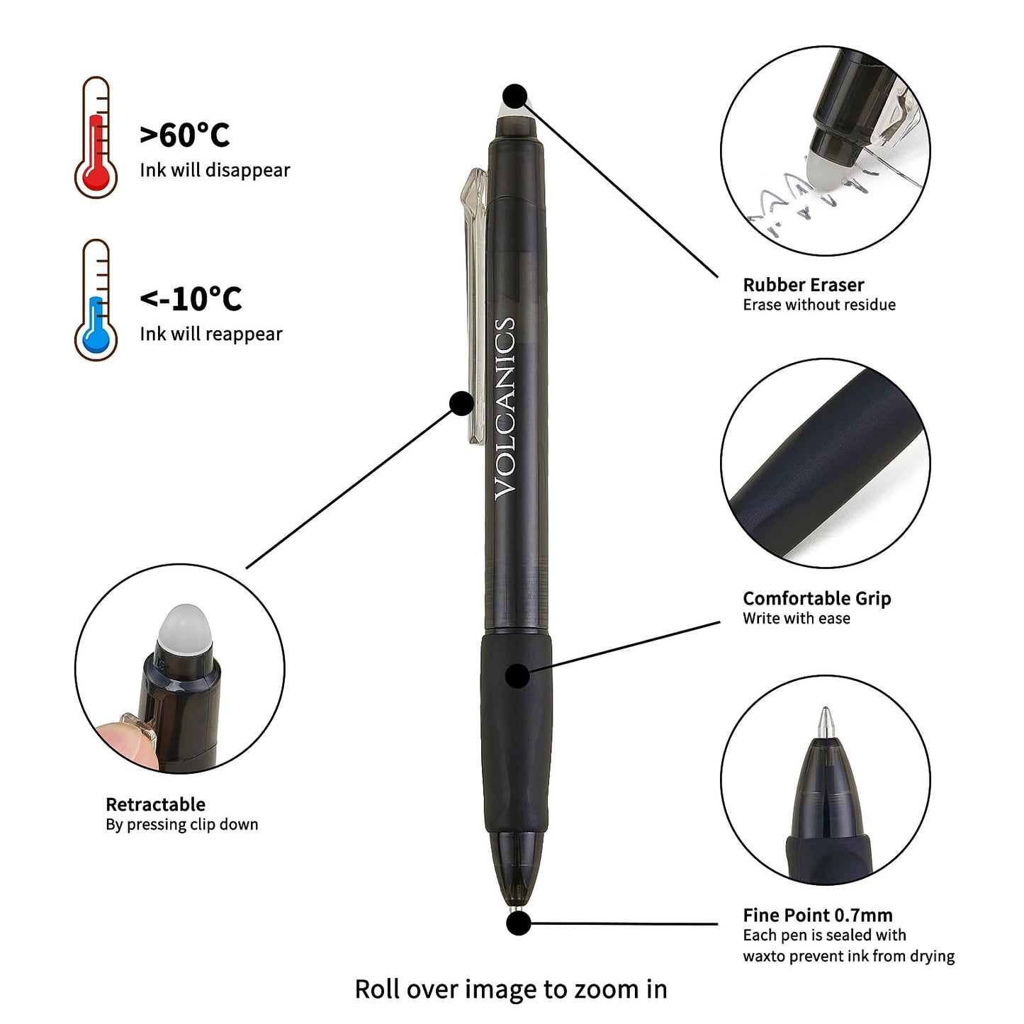 Volcanics Retractable Clicker Erasable Gel Pens - 0.7mm Ball Point, Heat Erase with Built-in Eraser, 36 Pack Blue and Black
