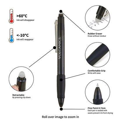 Volcanics Retractable Clicker Erasable Gel Pens - 0.7mm Ball Point, Heat Erase with Built-in Eraser, 36 Pack Blue and Black