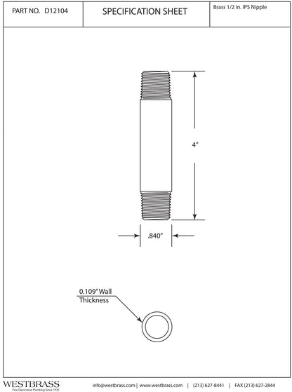 Westbrass D12104-62 IPS 1/2" x 4" Pipe Nipple, Matte Black