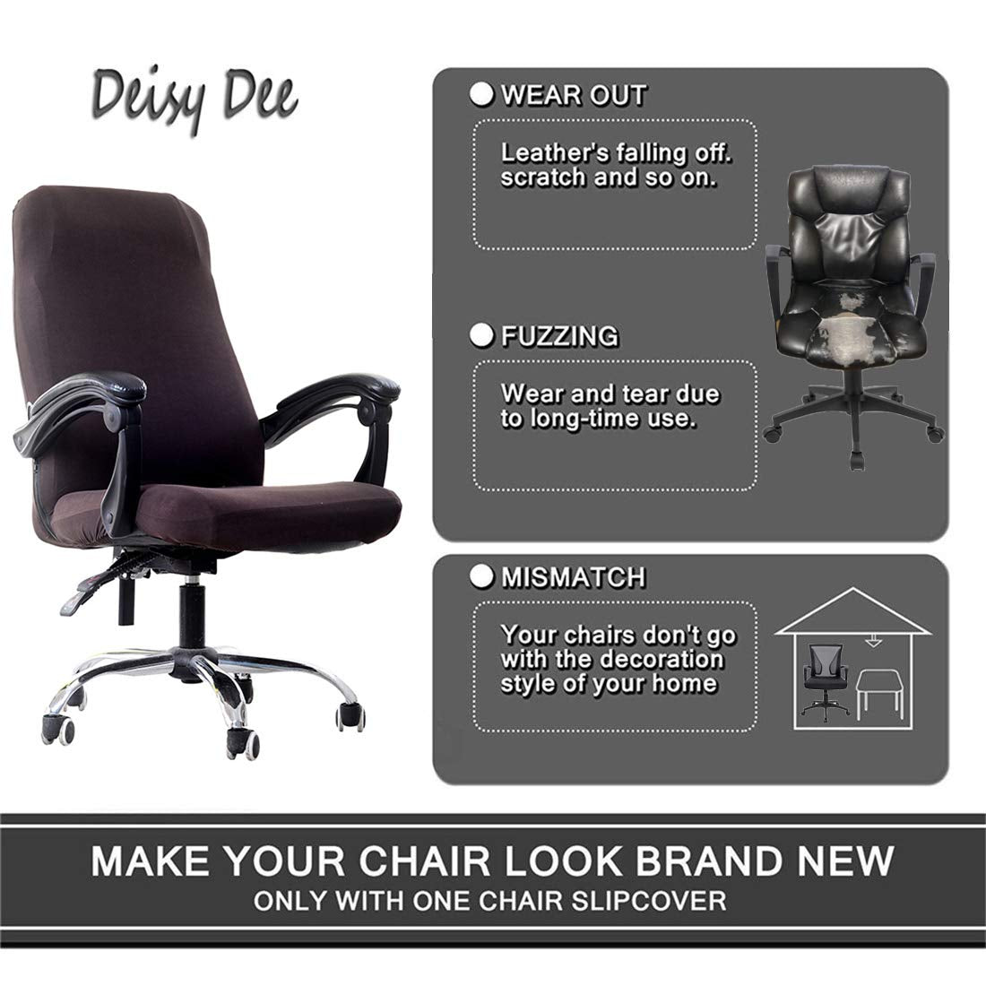 Deisy Dee Computer Office Chair Covers for Stretch Universal Rotating Chair Desk Chairs ONLY Chair Covers (Brown, Medium)