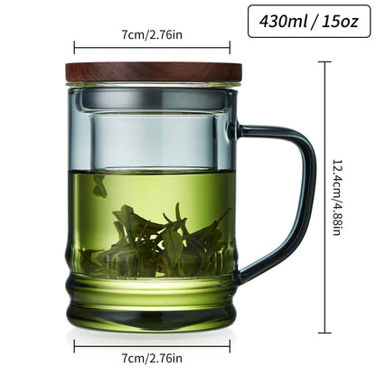 Unbreakable Glass Tea Cup with Infuser and Lid - 15oz Tea Mug for Loose Leaf Tea, Infusion Mug with Glass Filter and Wooden Lid
