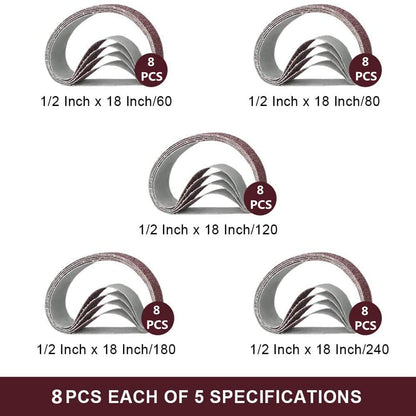 1/2 Inch x 18 Inch Sanding Belts, 8 Each of 60/80/120/180/240 Grits, Belt Sander Tool for Woodworking, Metal Polishing, 40Pack Aluminum Oxide Sanding Belt