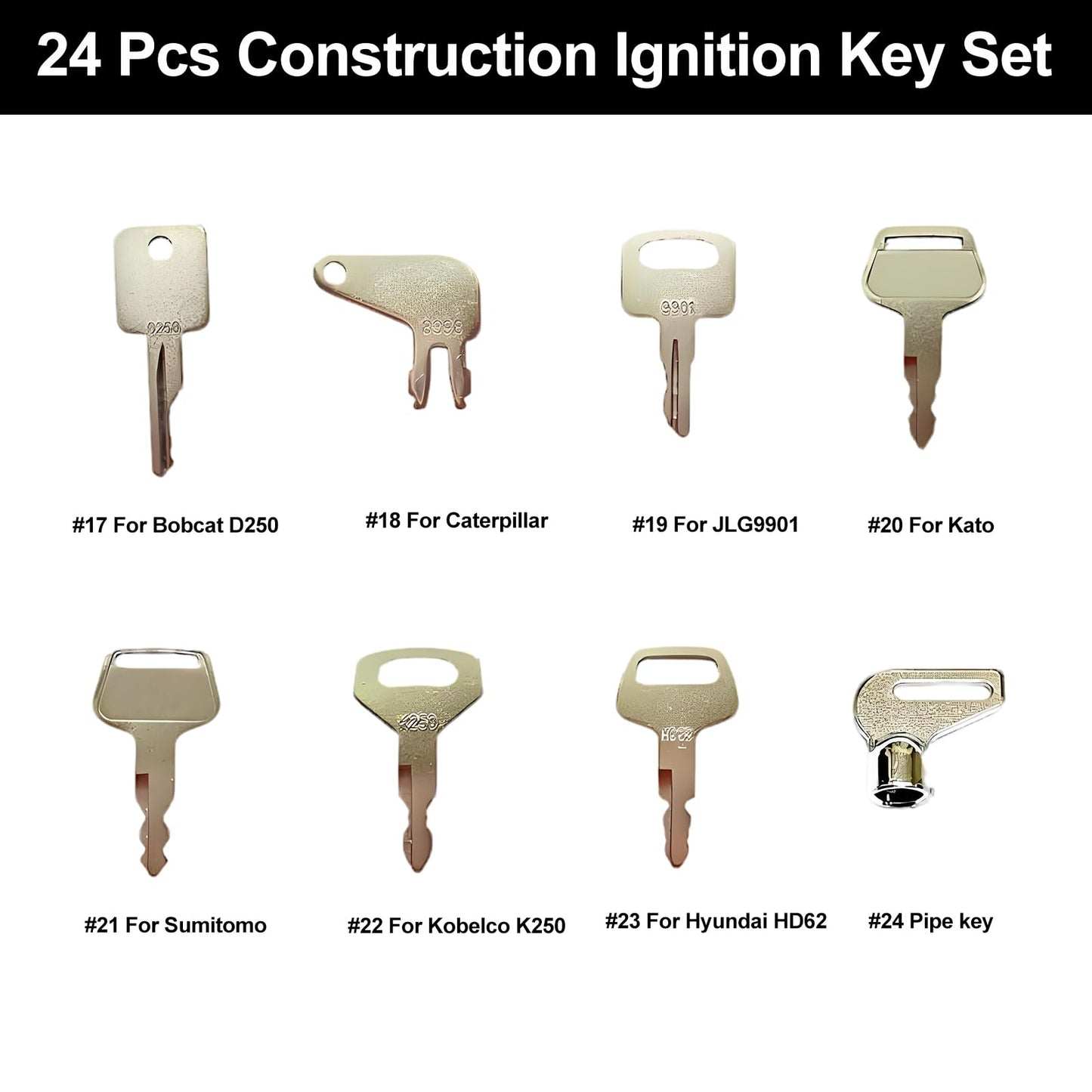 Alrens 24PCS Heavy Equipment Keys Master Set with Key Rings, Construction Ignition Machinery Key Set for John Deere, CAT, Kubota, Volvo, JCB, Caterpillar, Bobcat, Hitachi