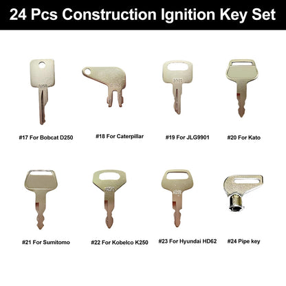 Alrens 24PCS Heavy Equipment Keys Master Set with Key Rings, Construction Ignition Machinery Key Set for John Deere, CAT, Kubota, Volvo, JCB, Caterpillar, Bobcat, Hitachi
