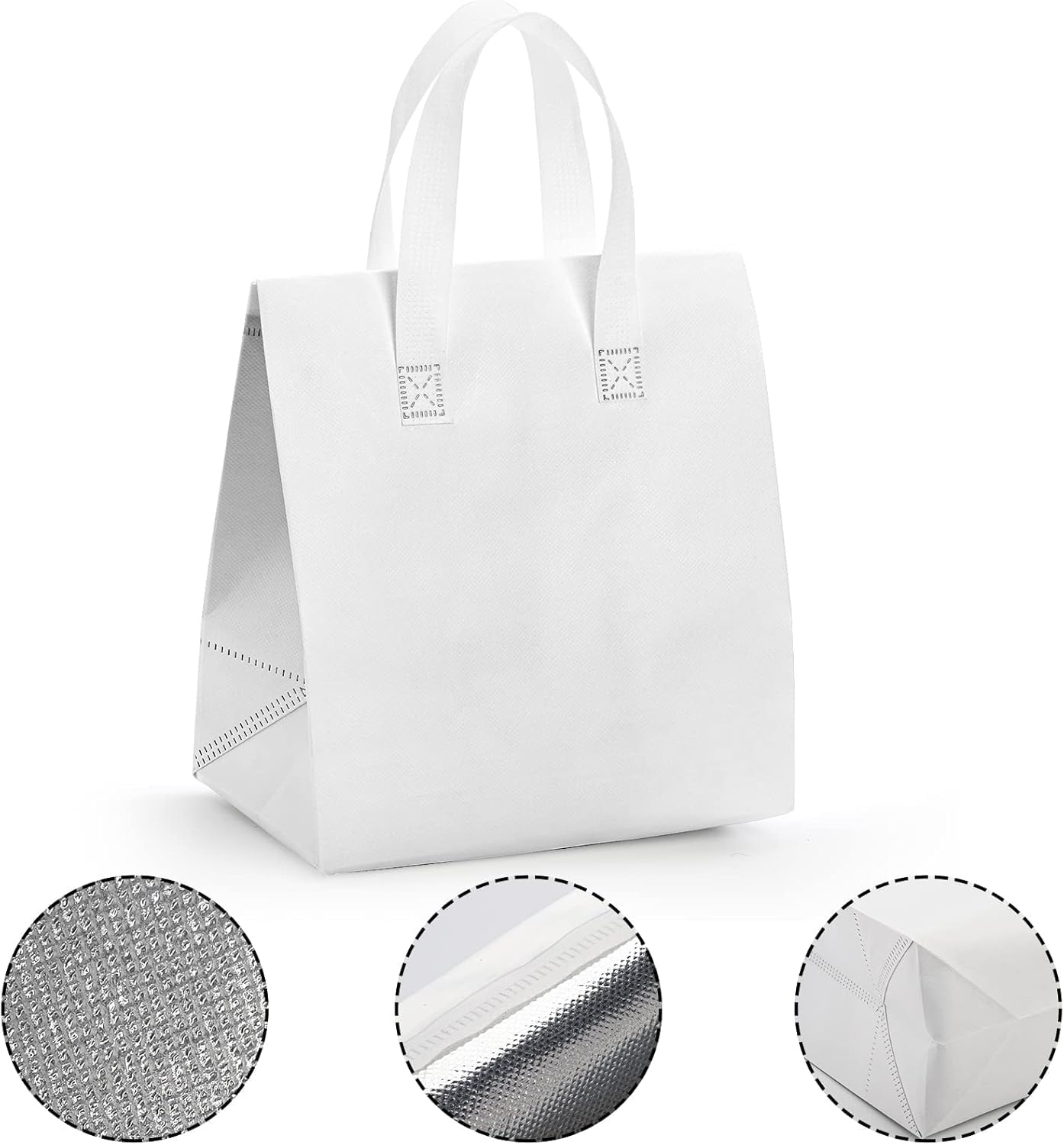 ZENFUN 25 Pack Insulated Take Away Bags Bulk, Small Insulated Cooler Bag Grocery Bag, White Thermal Bags for Hot&cold Frozen Food, Food Delivery, 9.5 x 6 x 10 Inches